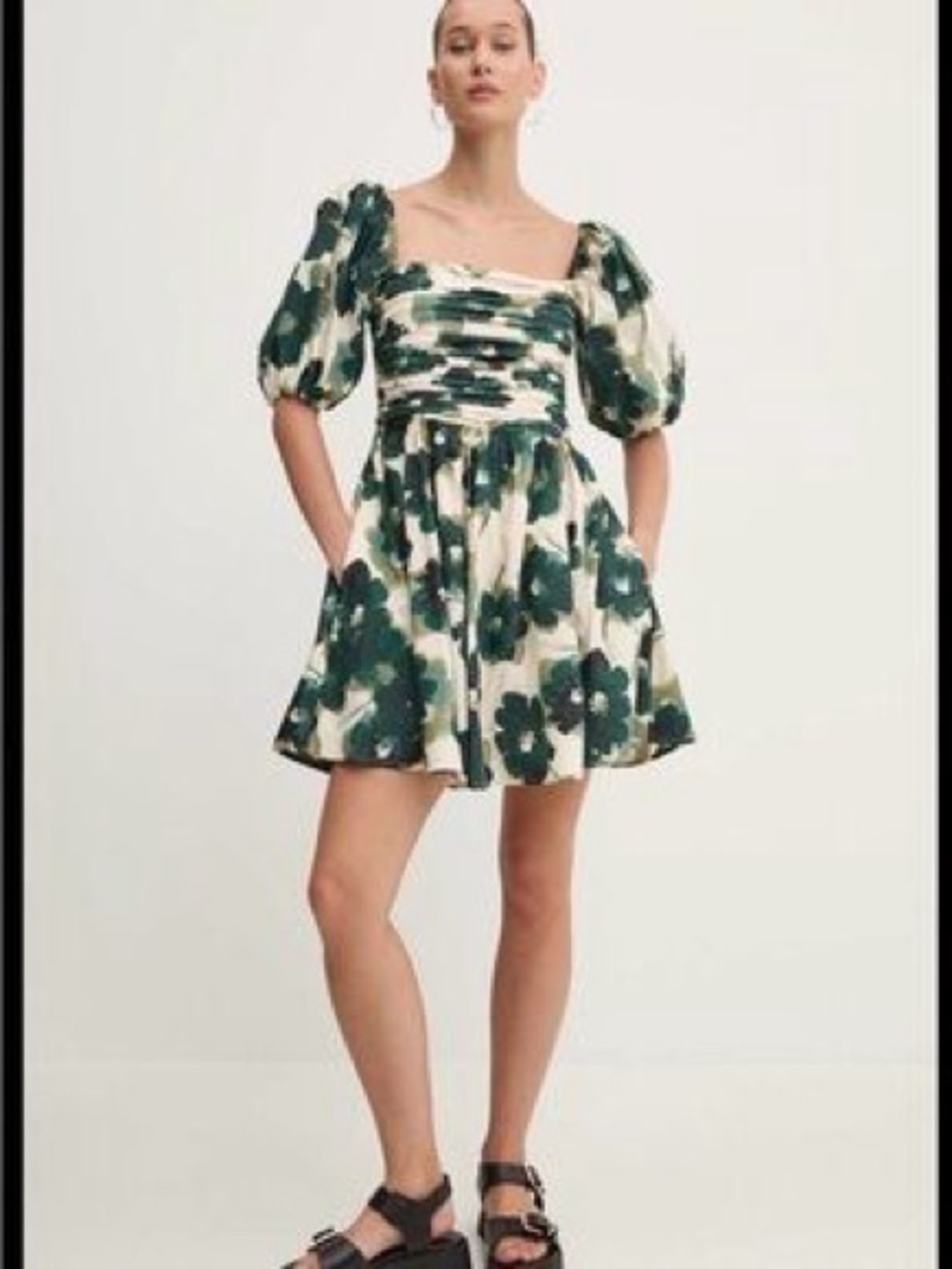 Abercrombie Emerson Poplin Mini Dress Green Floral Puff Sleeve Cottagecore Small